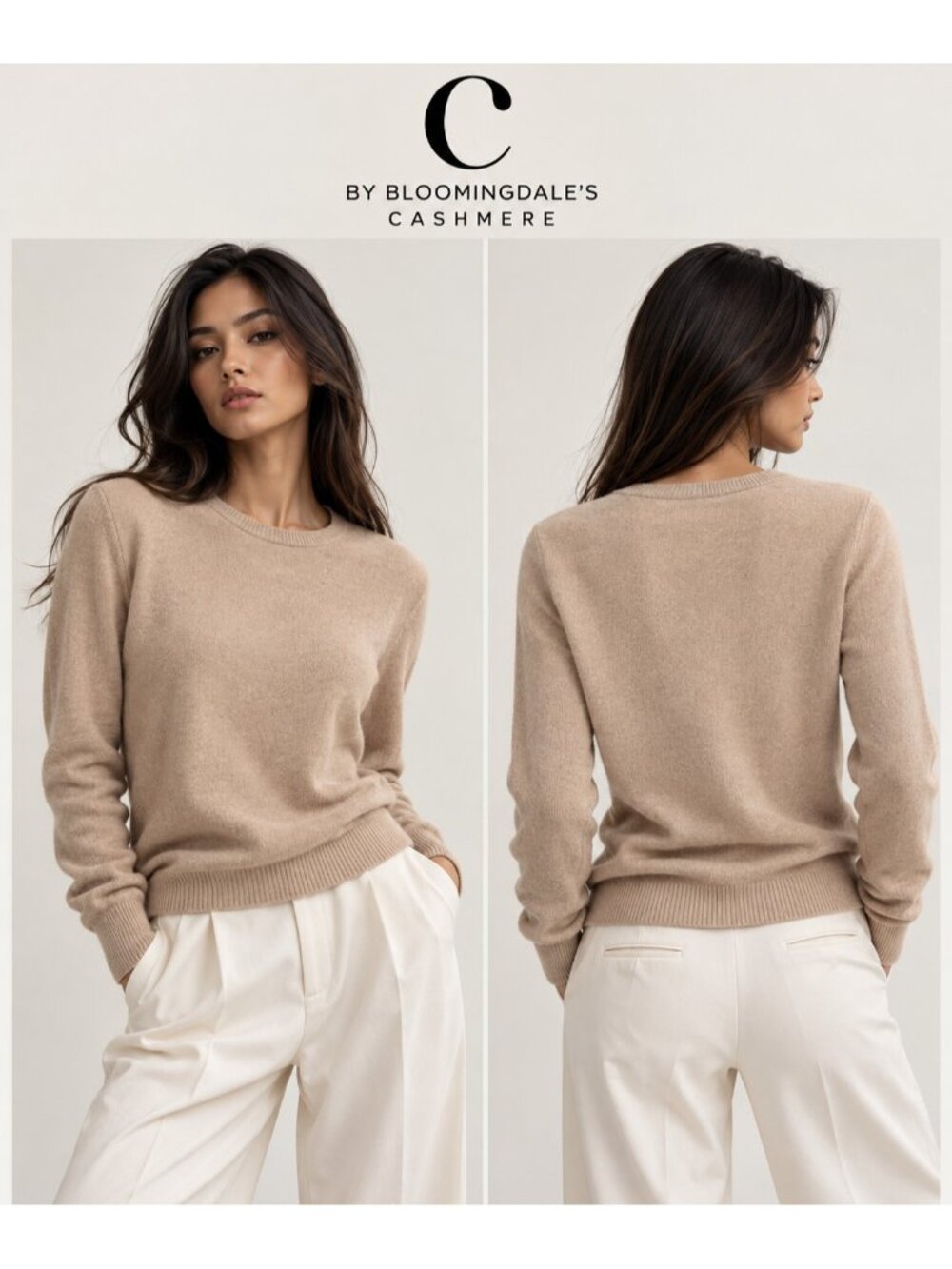 C by Bloomingdale's 100% 2-Ply Cashmere Crewneck Sweater Beige S